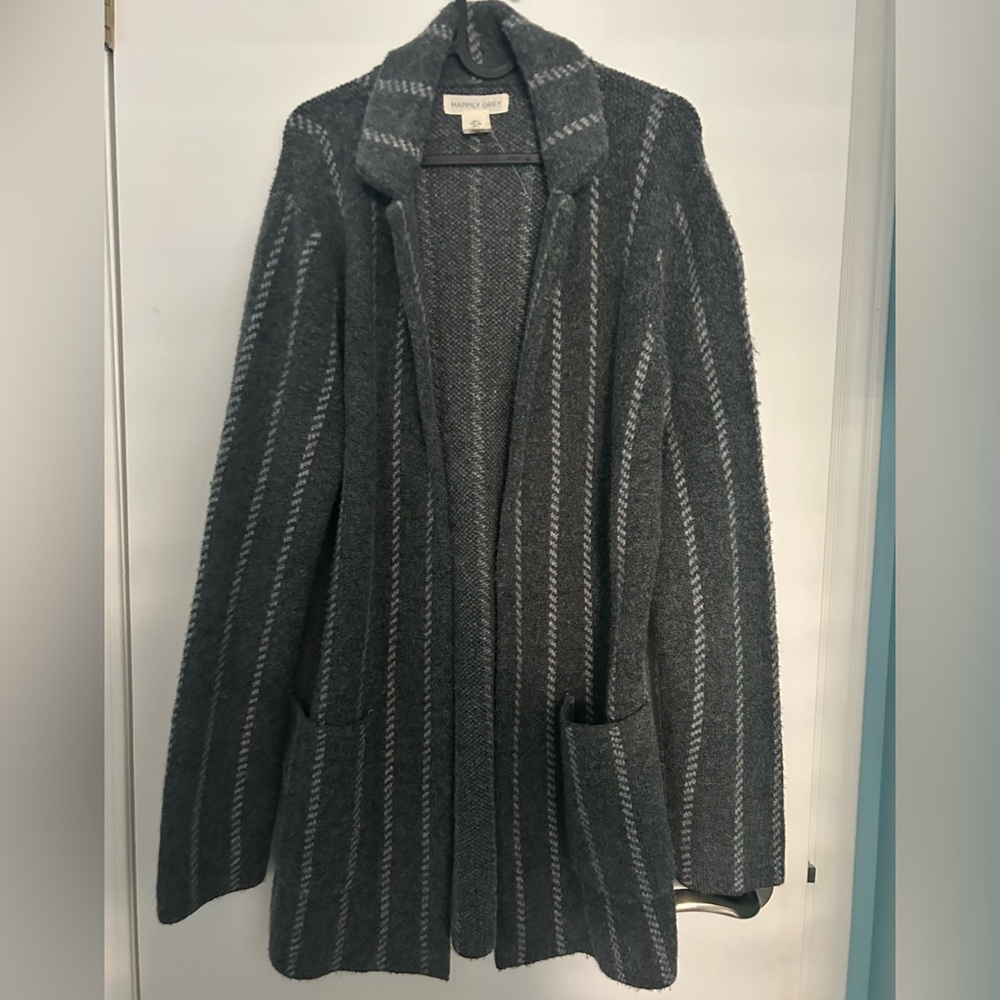 Happily Grey Dark Grey Striped Women's Cardigan with 3% wool. NWOT